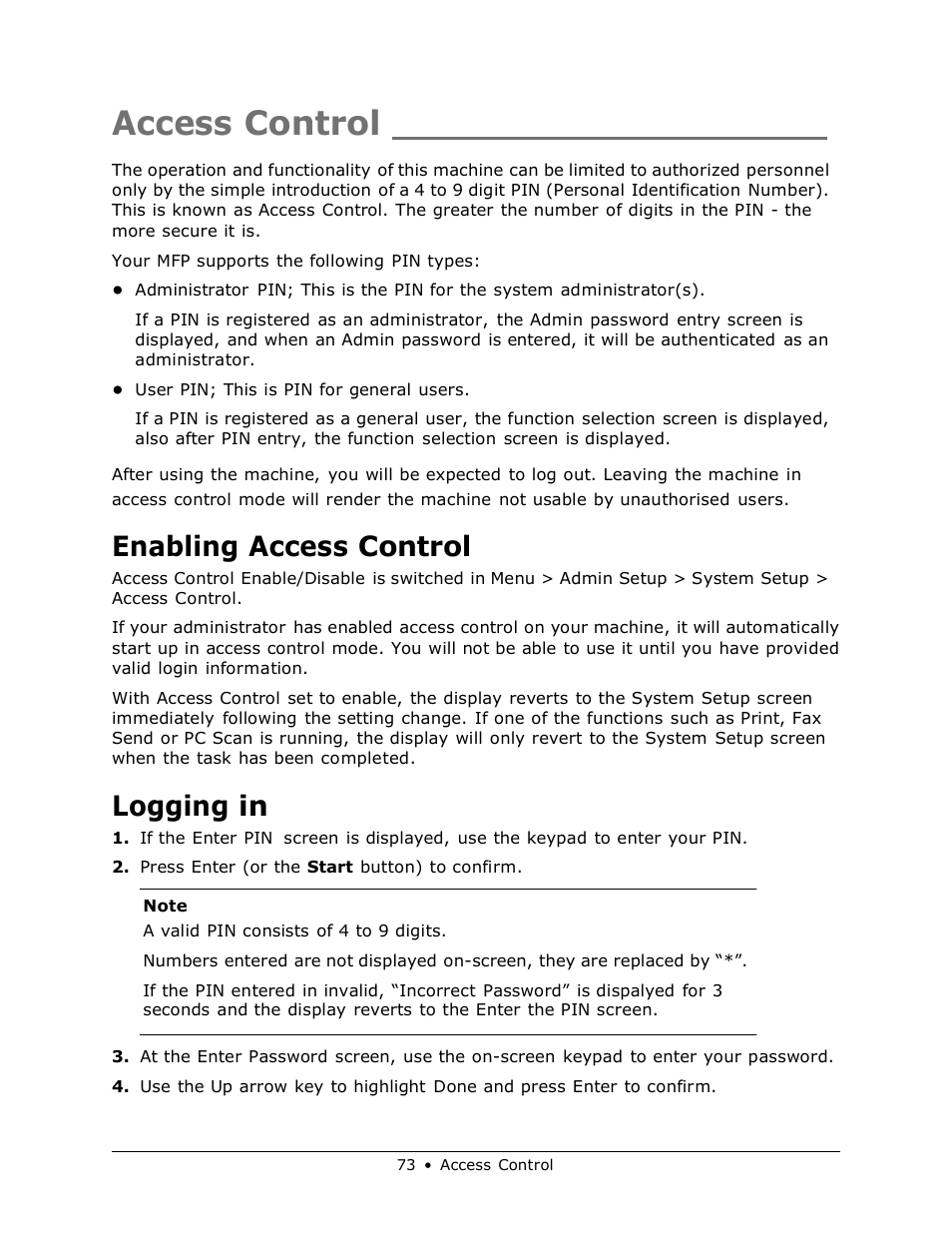 Access control, Enabling access control, Logging in | Muratec MFX-3070 User Manual | Page 73 / 179