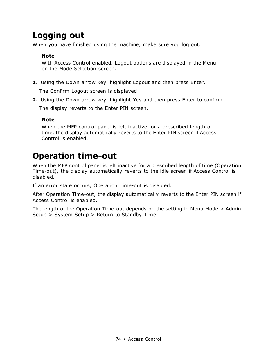 Logging out, Operation time-out | Muratec MFX-3070 User Manual | Page 74 / 179