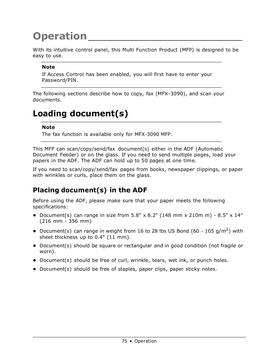 Operation, Loading document(s), Placing document(s) in the adf | Muratec MFX-3070 User Manual | Page 75 / 179