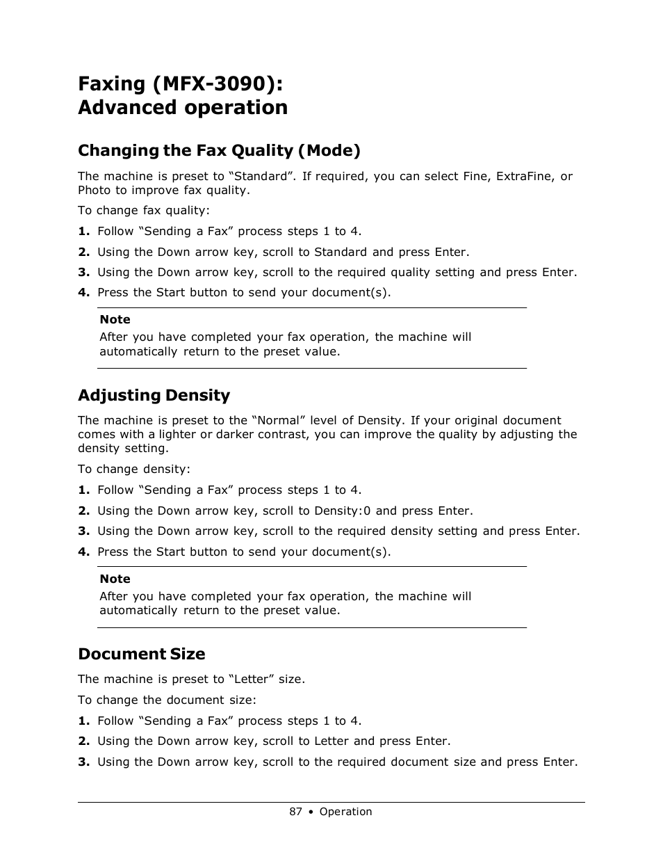 Faxing (mfx-3090): advanced operation, Changing the fax quality (mode), Adjusting density | Document size | Muratec MFX-3070 User Manual | Page 87 / 179
