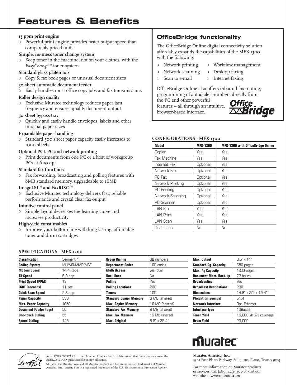 Features & benefits | Muratec MFX-1300 User Manual | Page 2 / 2