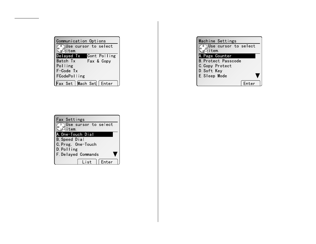 Communication options menu display, Fax setting menu display, Machine setting menu display | Muratec MFX-2500 User Manual | Page 12 / 103