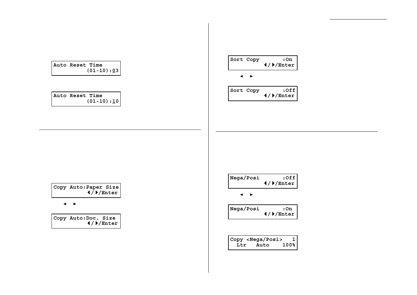 Changing the copy auto reset time, Setting copy auto, Setting sort copy | Setting negative/positive | Muratec MFX-1300/1700 User Manual | Page 118 / 154