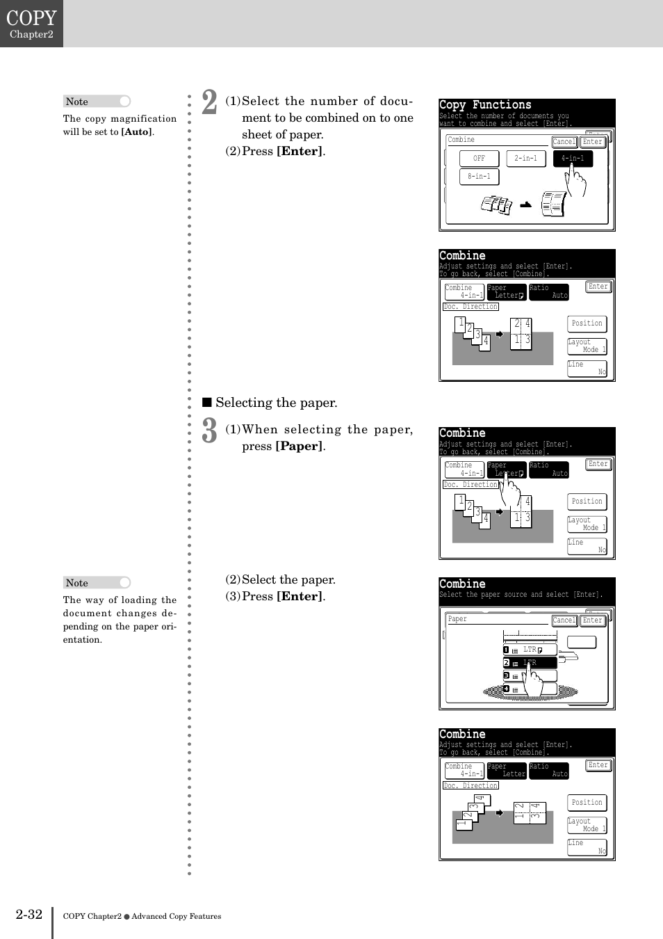 Copy, Copy functions, Combine | Selecting the paper | Muratec MFX-2830 User Manual | Page 112 / 471