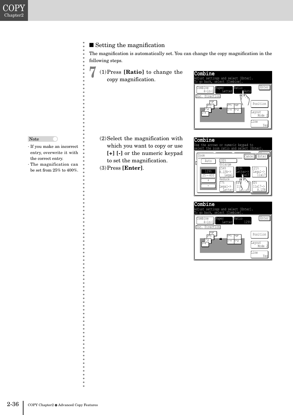 Copy, Combine, 36 ■ setting the magniﬁcation | Muratec MFX-2830 User Manual | Page 116 / 471