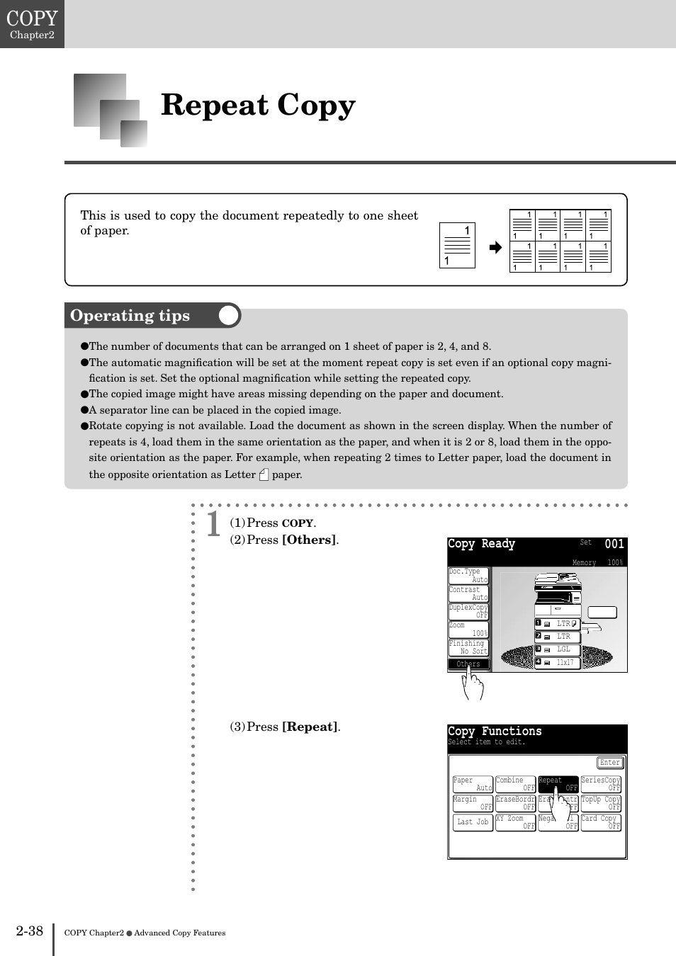 Repeat copy -38, Repeat copy, Copy | Operating tips, Copy ready 001, Copy functions | Muratec MFX-2830 User Manual | Page 118 / 471