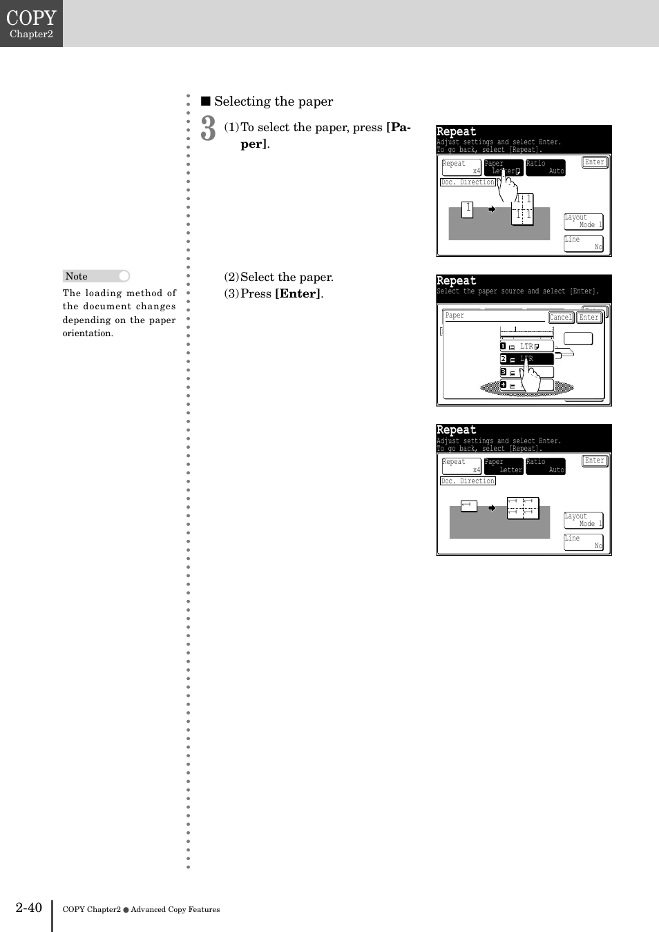 Copy, Repeat, 40 ■ selecting the paper | Muratec MFX-2830 User Manual | Page 120 / 471