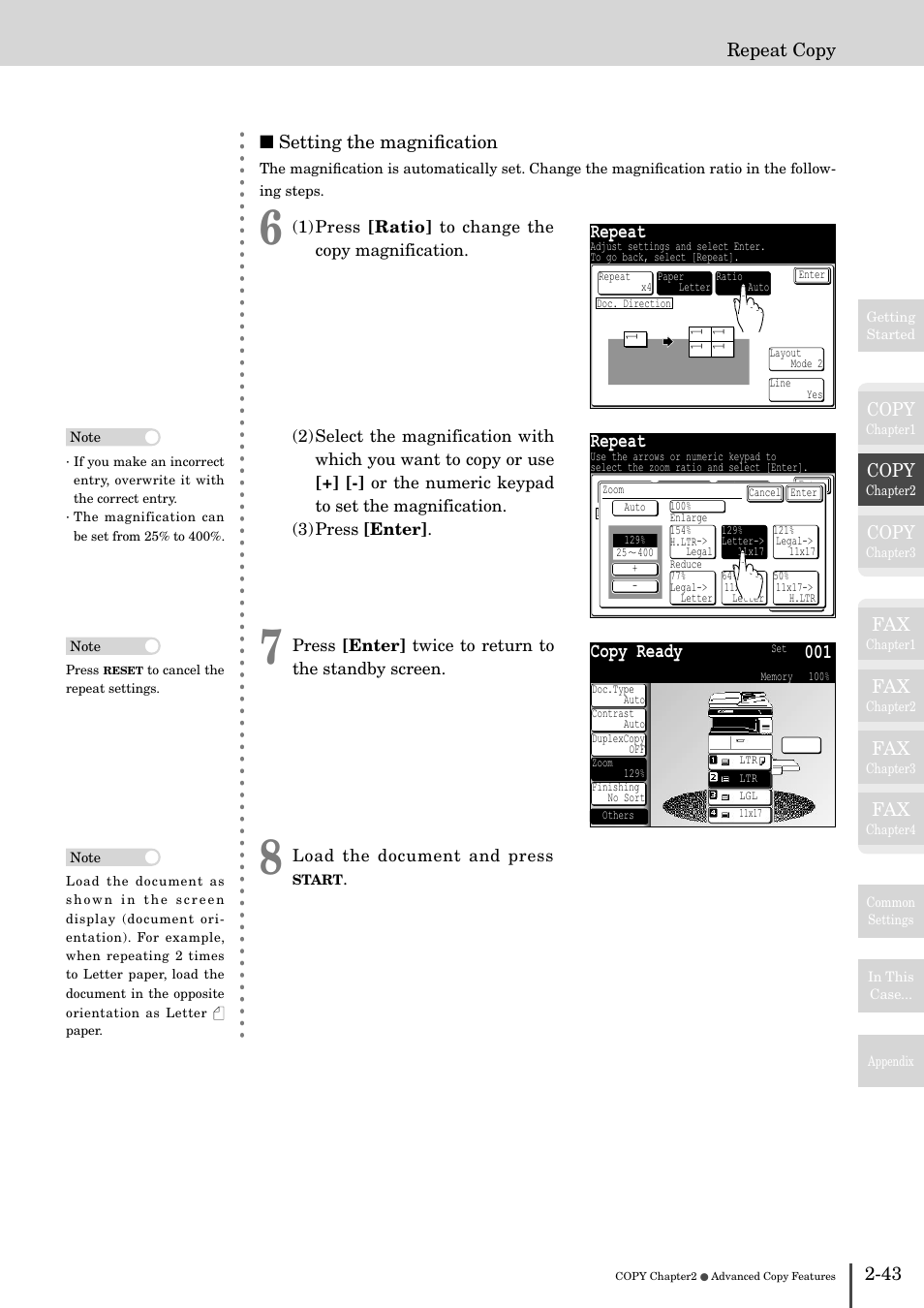 Repeat, Copy ready 001, Copy | 43 repeat copy ■ setting the magniﬁcation | Muratec MFX-2830 User Manual | Page 123 / 471