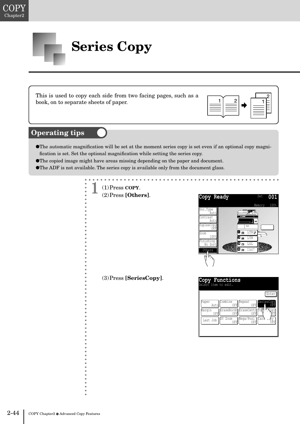 Series copy -44, Series copy, Copy | Operating tips, Copy ready 001, Copy functions | Muratec MFX-2830 User Manual | Page 124 / 471