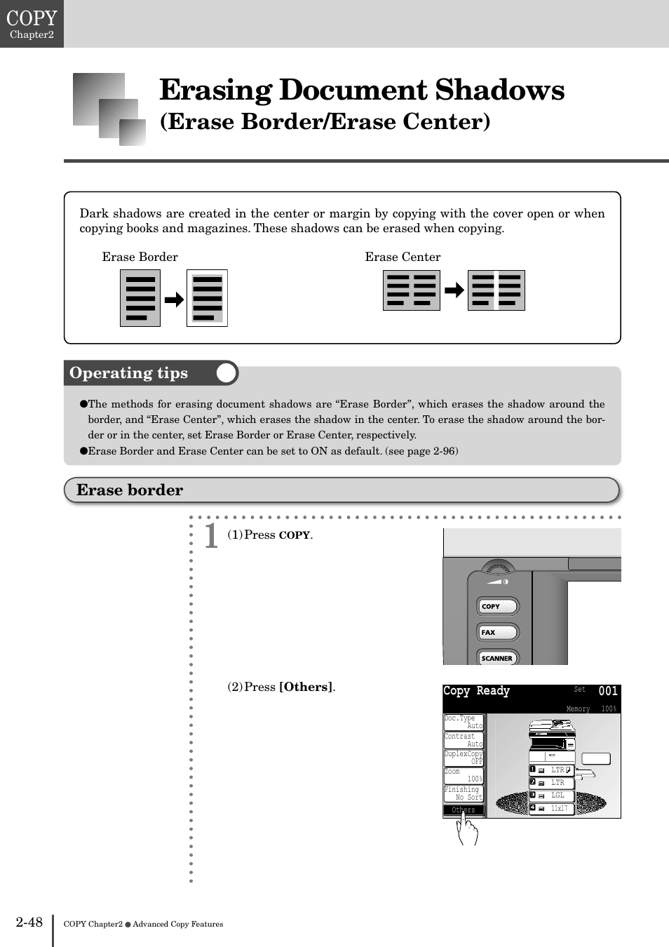 Erase border -48, Erasing document shadows, Erase border/erase center) | Copy, Operating tips erase border | Muratec MFX-2830 User Manual | Page 128 / 471