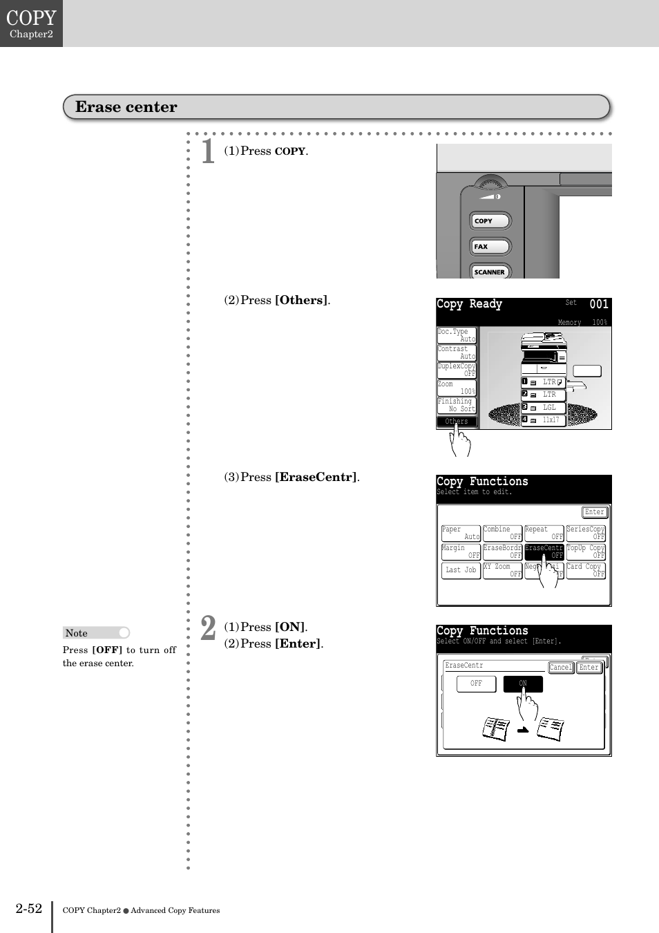 Erase center -52, Copy, Erase center | Copy ready 001, Copy functions | Muratec MFX-2830 User Manual | Page 132 / 471