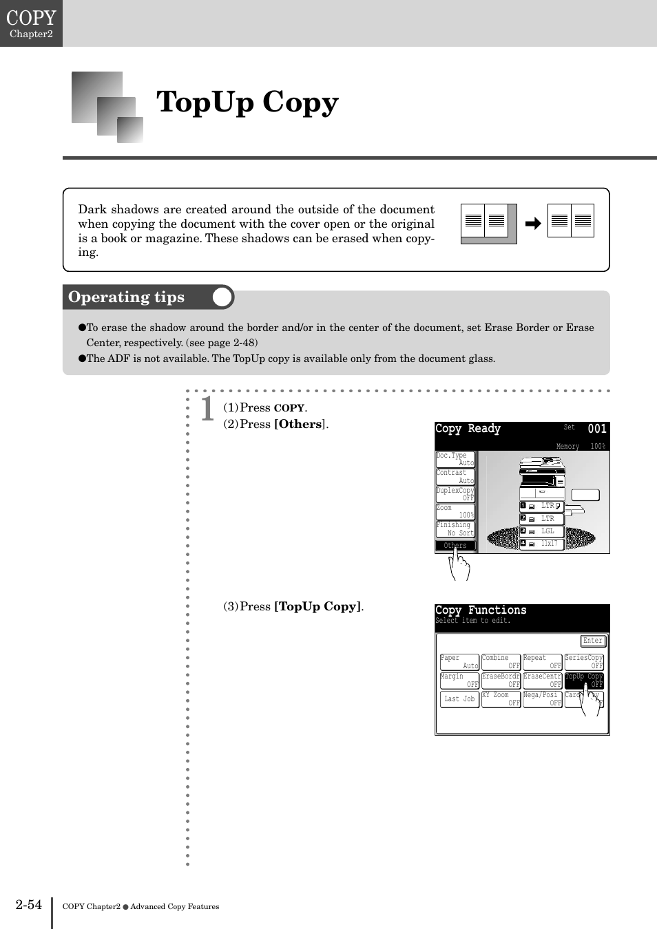 Topup copy -54, Topup copy, Copy | Operating tips, Copy ready 001, Copy functions | Muratec MFX-2830 User Manual | Page 134 / 471