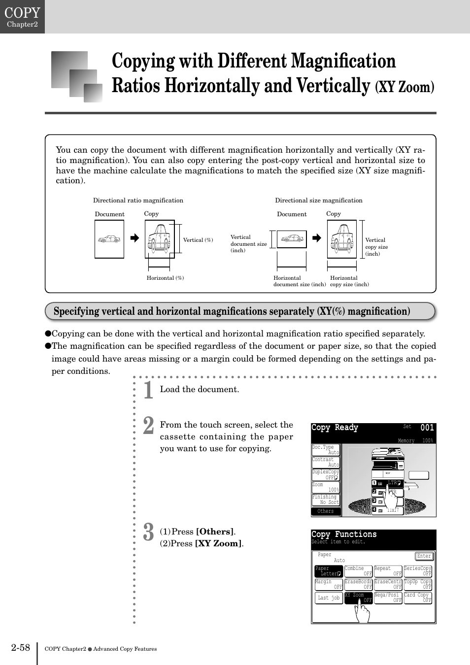 Specifying vertical and horizontal magniﬁca, Tions separately (xy(%) magniﬁcation) -58, Xy zoom) | Copy, Copy ready 001, Copy functions | Muratec MFX-2830 User Manual | Page 138 / 471