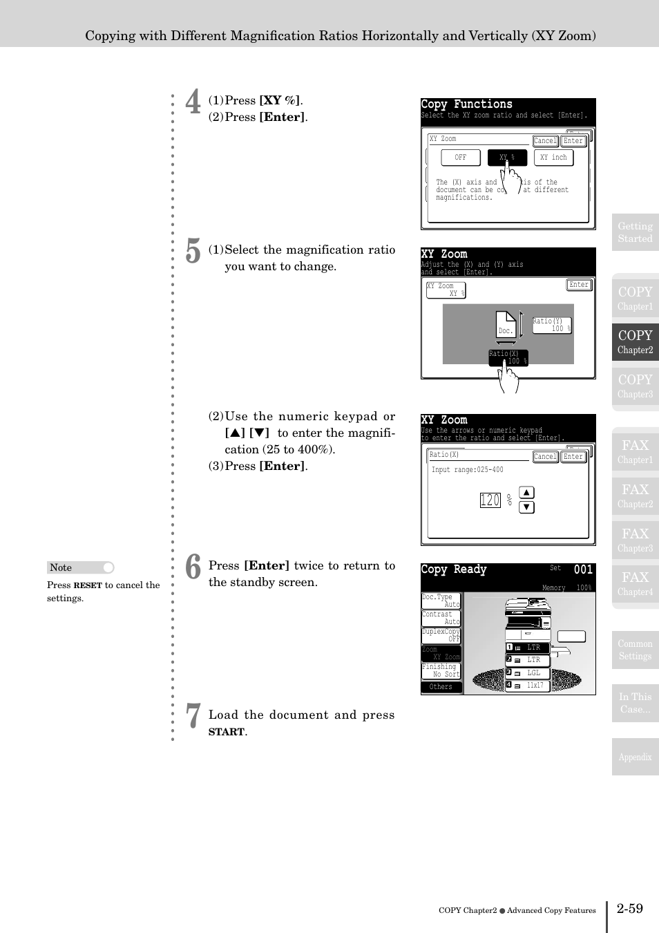 Copy functions, Xy zoom, Copy ready 001 | Copy | Muratec MFX-2830 User Manual | Page 139 / 471