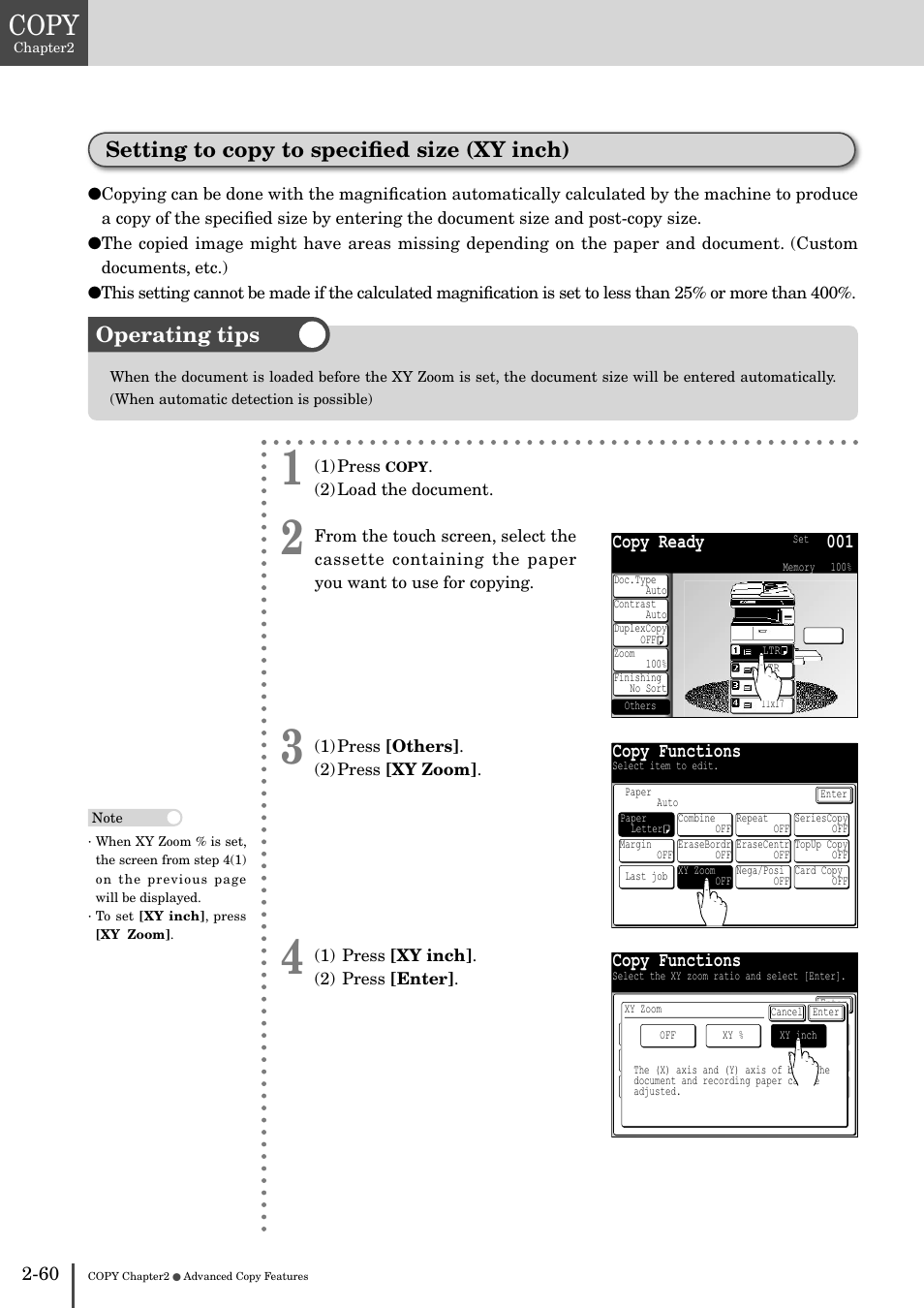 Setting to copy to speciﬁed size (xy inch) -60, Copy, Setting to copy to speciﬁed size (xy inch) | Operating tips, Copy ready 001, Copy functions | Muratec MFX-2830 User Manual | Page 140 / 471