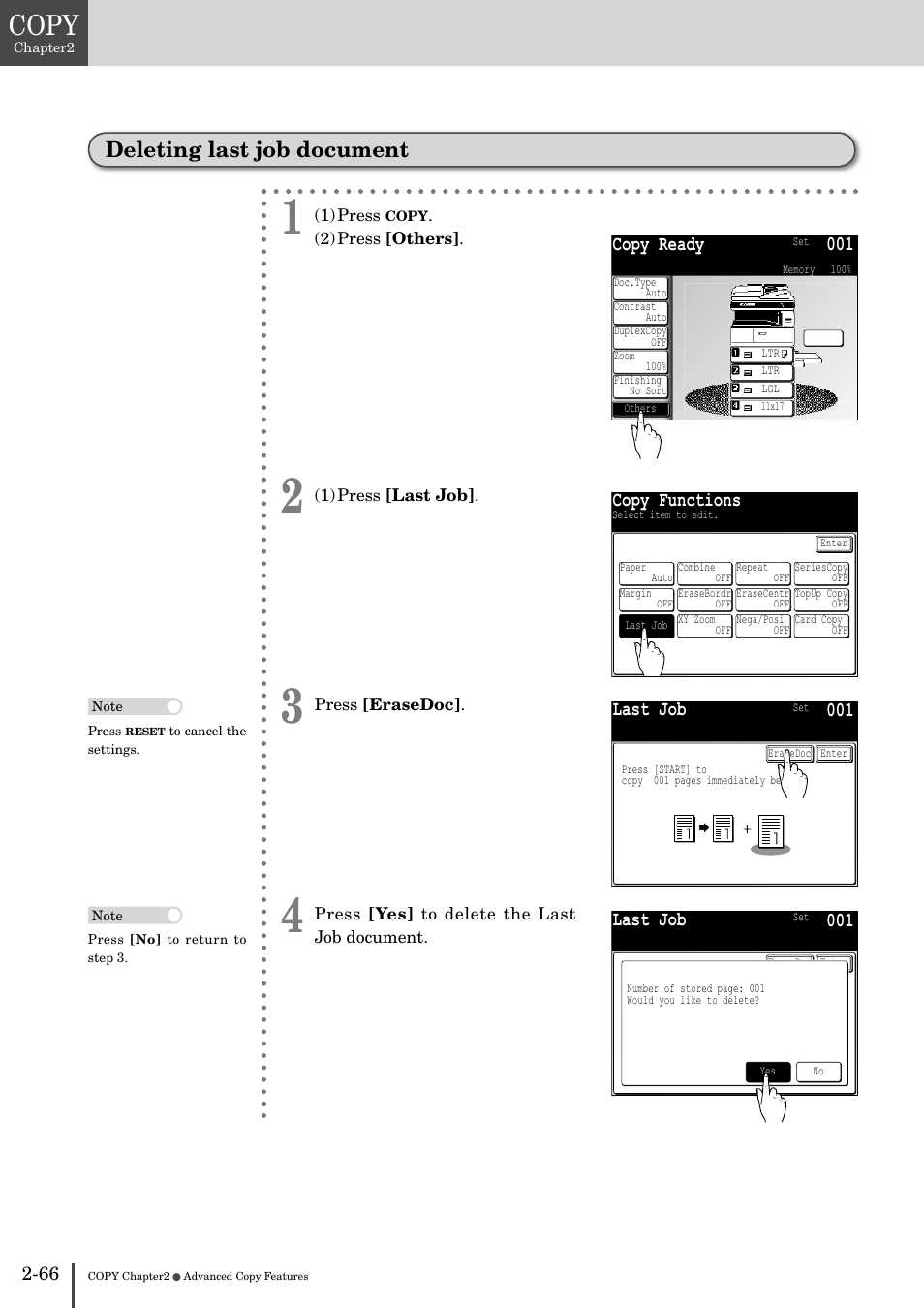 Deleting last job document -66, Copy, Deleting last job document | Copy ready 001, Copy functions, Last job 001 | Muratec MFX-2830 User Manual | Page 146 / 471