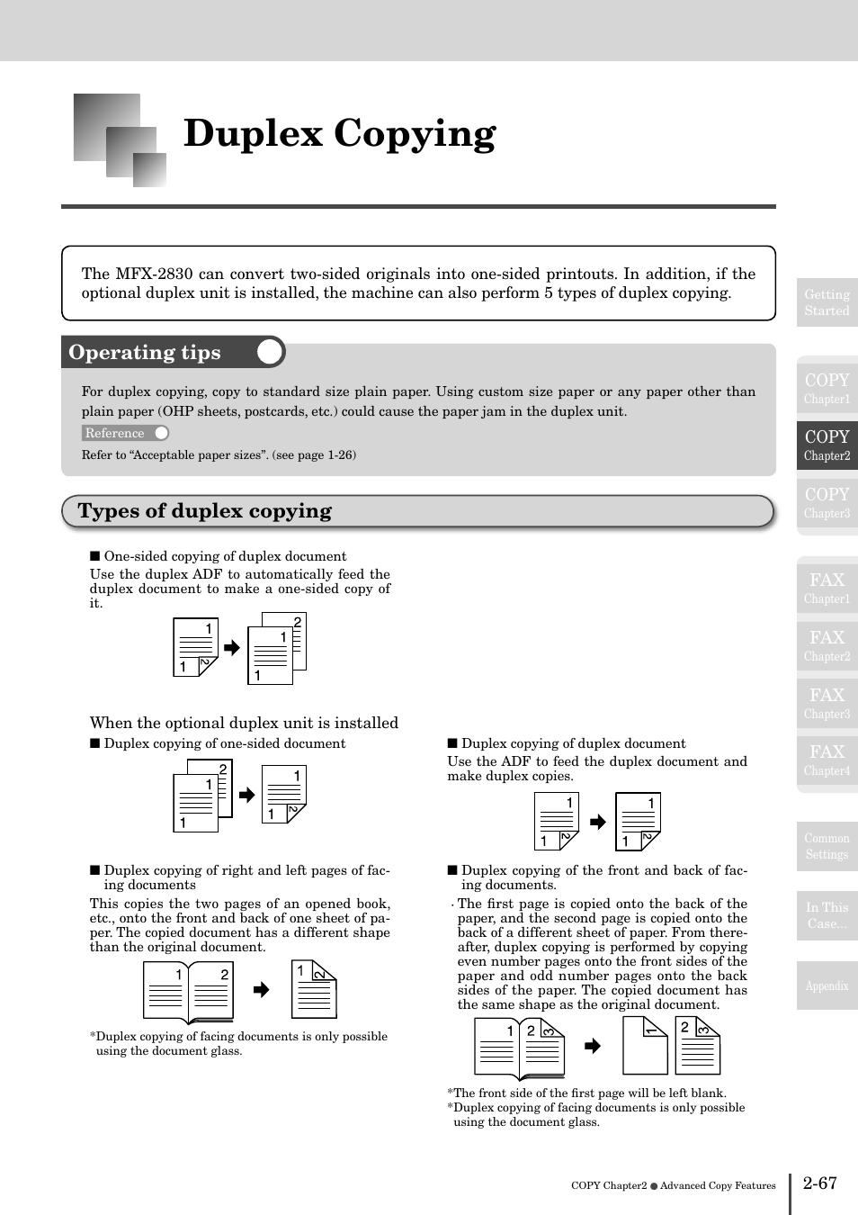 Duplex copying -67, Types of duplex copying -67, Duplex copying | Operating tips types of duplex copying, Copy | Muratec MFX-2830 User Manual | Page 147 / 471