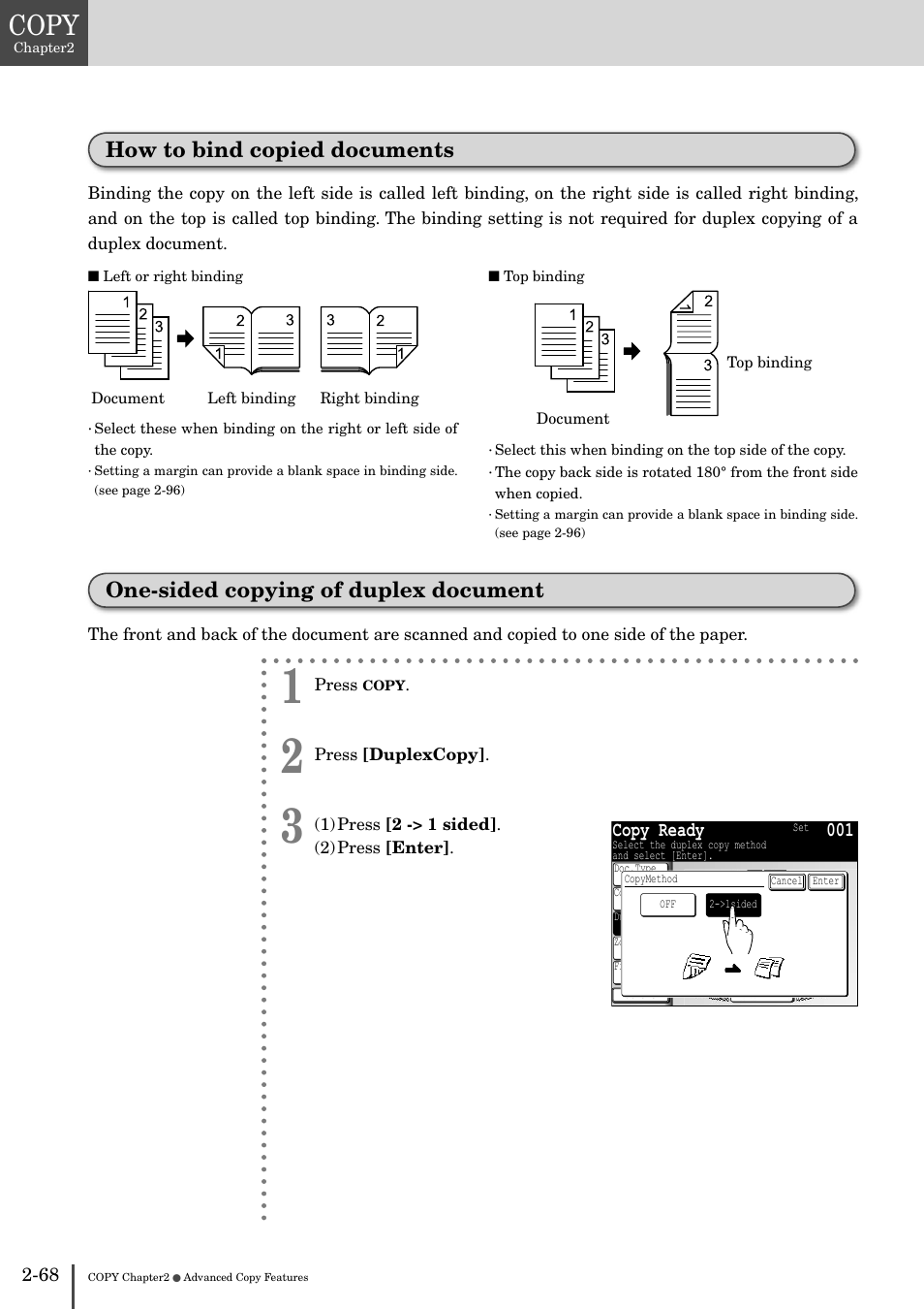 How to bind copied documents -68, One-sided copying of duplex document -68, Copy | How to bind copied documents, One-sided copying of duplex document | Muratec MFX-2830 User Manual | Page 148 / 471