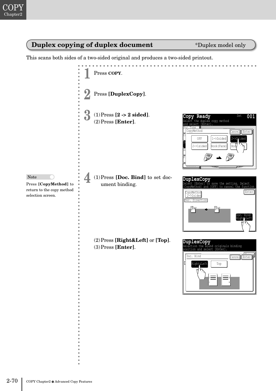 Duplex copying of duplex document -70, Copy, Duplex copying of duplex document | Copy ready, Duplexcopy | Muratec MFX-2830 User Manual | Page 150 / 471