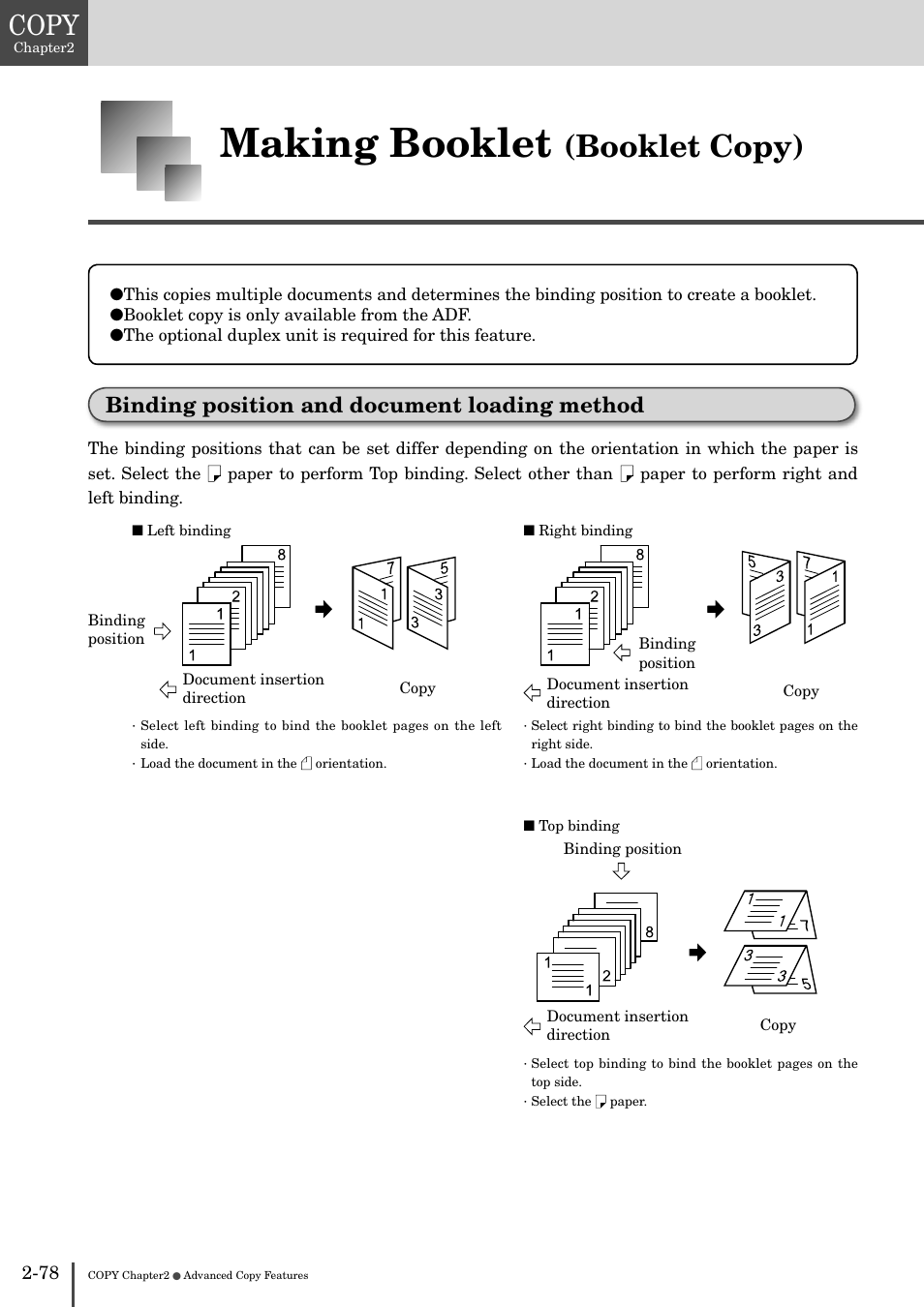 Making booklet (booklet copy) -78, Binding position and document loading method -78, Making booklet | Booklet copy), Copy, Binding position and document loading method | Muratec MFX-2830 User Manual | Page 158 / 471