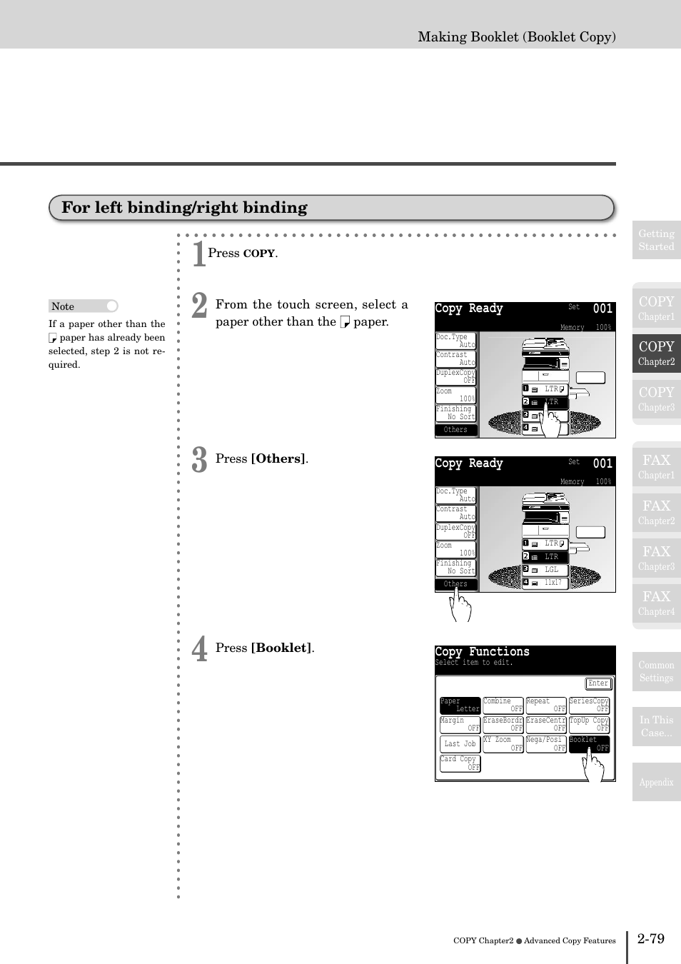 For left binding/right binding -79, For left binding/right binding, Copy ready 001 | Copy functions | Muratec MFX-2830 User Manual | Page 159 / 471
