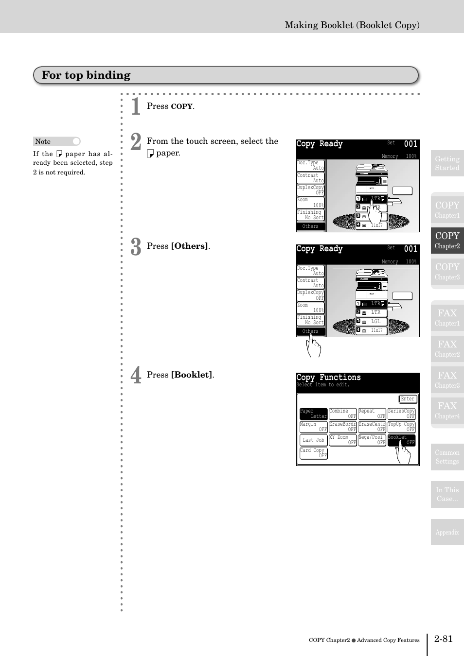 For top binding -81, For top binding, Copy ready 001 | Copy functions | Muratec MFX-2830 User Manual | Page 161 / 471