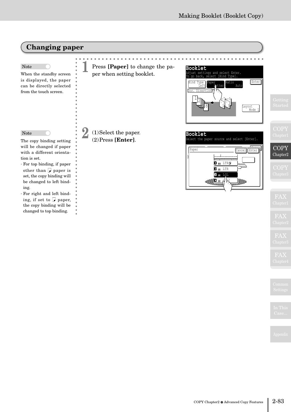 Changing paper -83, Changing paper, Booklet | Copy, 83 making booklet (booklet copy) | Muratec MFX-2830 User Manual | Page 163 / 471