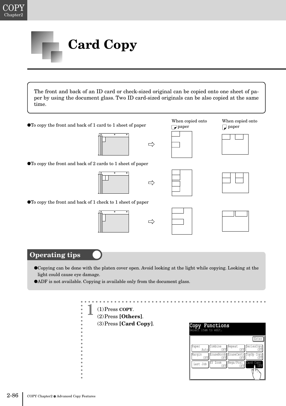 Card copy -86, Card copy, Copy | Operating tips, Copy functions | Muratec MFX-2830 User Manual | Page 166 / 471