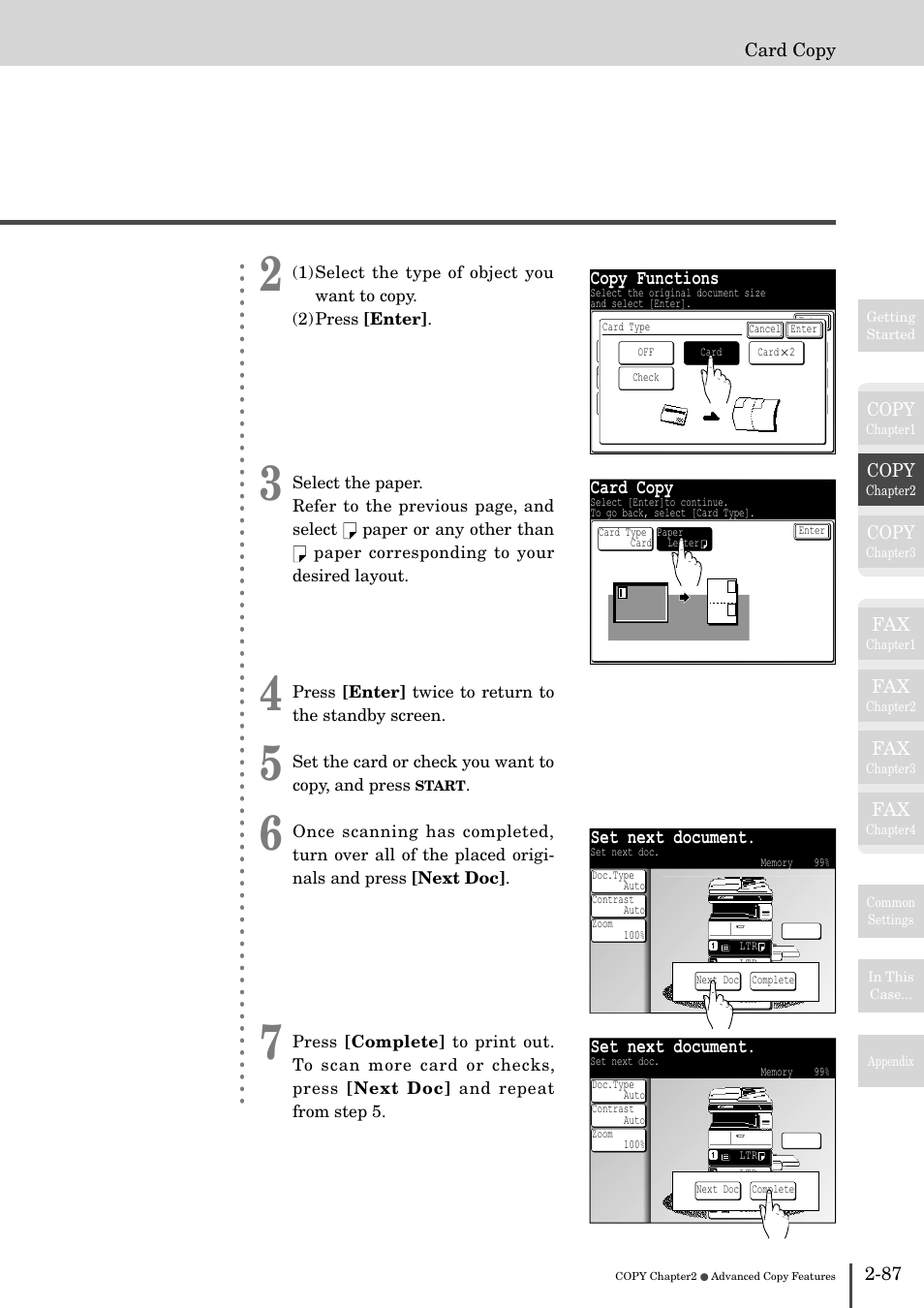 Copy functions, Card copy, Set next document | Muratec MFX-2830 User Manual | Page 167 / 471