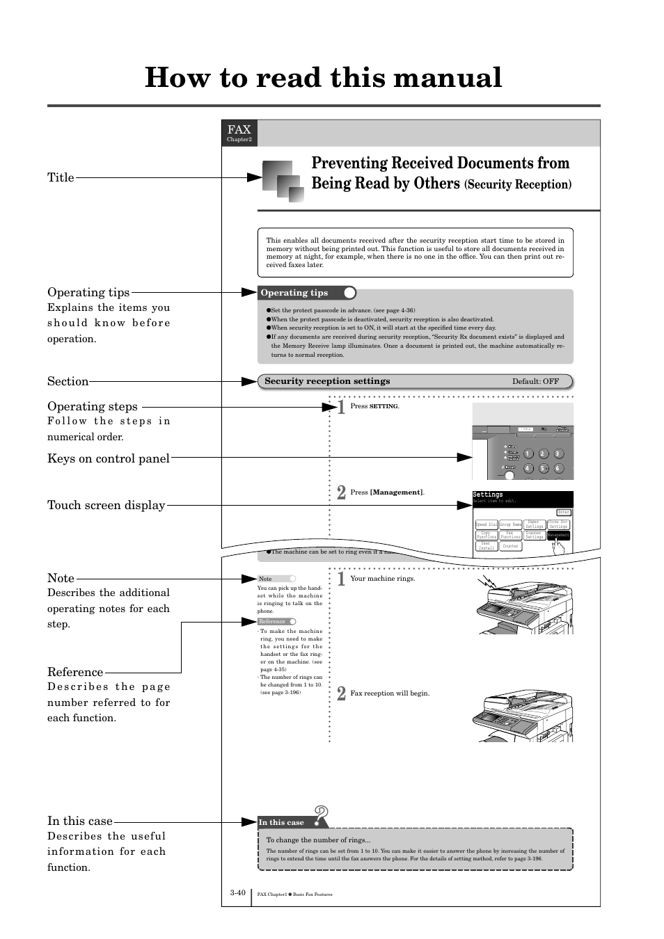 How to read this manual, Receiving faxes, Security reception) | Title operating tips, Describes the useful information for each function | Muratec MFX-2830 User Manual | Page 17 / 471