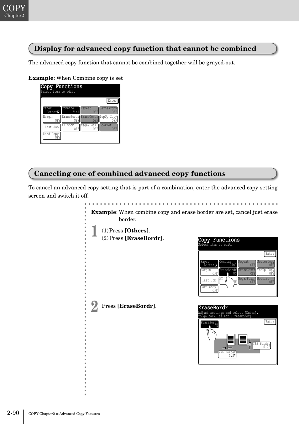 Display for advanced copy function that can, Not be combined -90, Canceling one of combined advanced copy | Functions -90, Copy, Canceling one of combined advanced copy functions, Copy functions, Erasebordr | Muratec MFX-2830 User Manual | Page 170 / 471