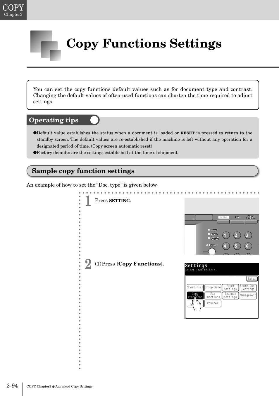 Copy functions settings -94, Sample copy function settings -94, Copy functions settings | Copy, Operating tips sample copy function settings | Muratec MFX-2830 User Manual | Page 174 / 471