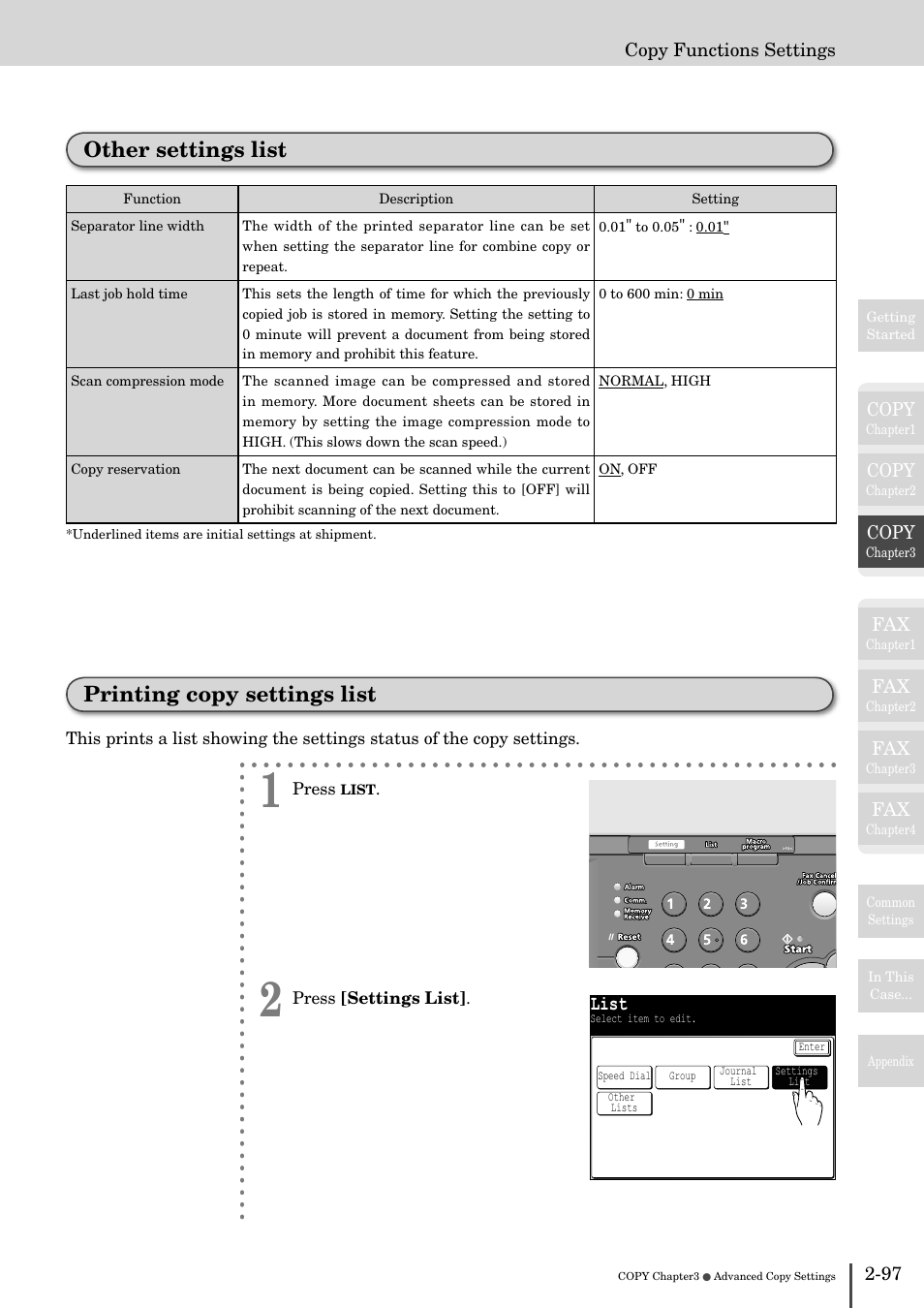 Other settings list -97, Printing copy settings list -97, Printing copy settings list | Other settings list, List | Muratec MFX-2830 User Manual | Page 177 / 471