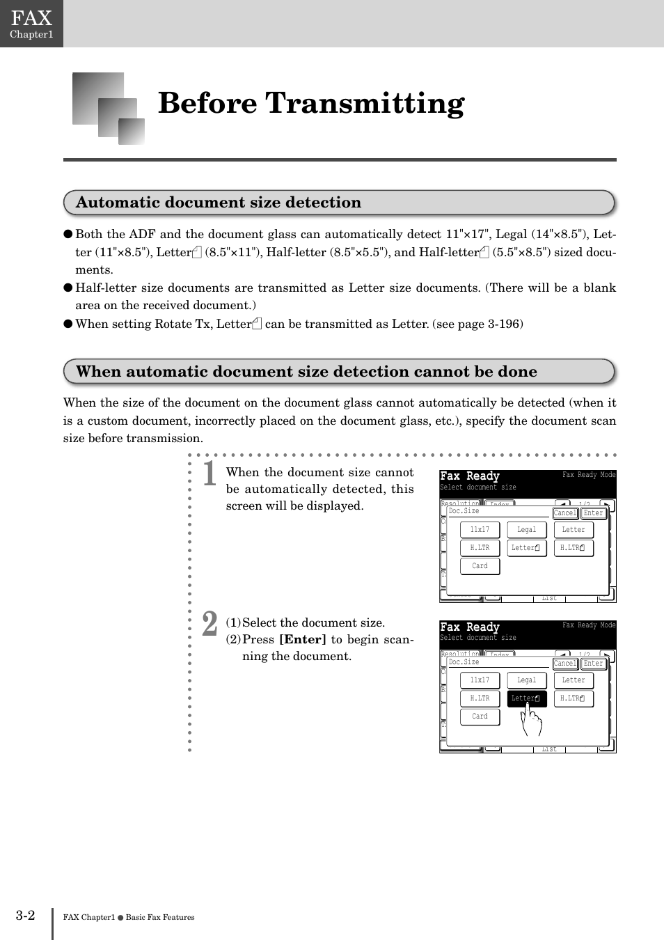 Before transmitting -2, Before transmitting, Automatic document size detection | Fax ready | Muratec MFX-2830 User Manual | Page 180 / 471