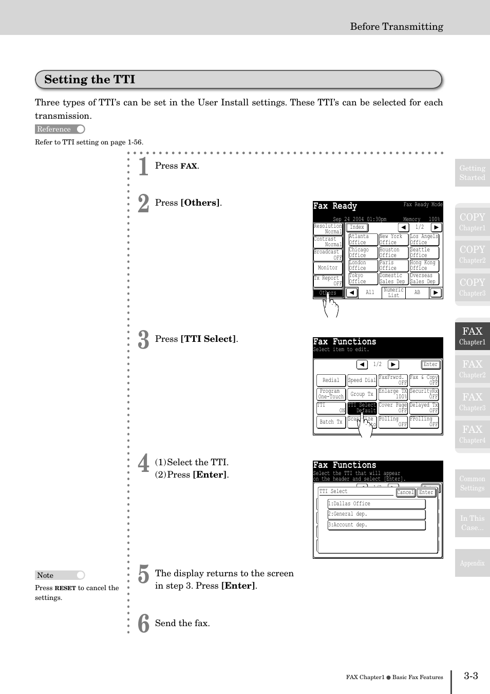 Setting the tti -3, Setting the tti, Fax ready | Fax functions, Copy, 3 before transmitting | Muratec MFX-2830 User Manual | Page 181 / 471