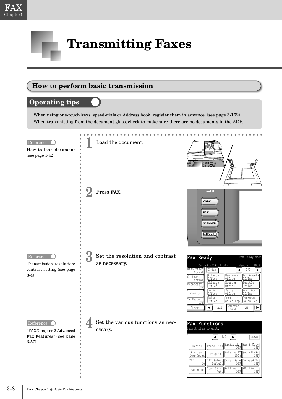 Transmitting faxes -8, How to perform basic transmission -8, Transmitting faxes | How to perform basic transmission, Operating tips, Fax ready, Fax functions | Muratec MFX-2830 User Manual | Page 186 / 471