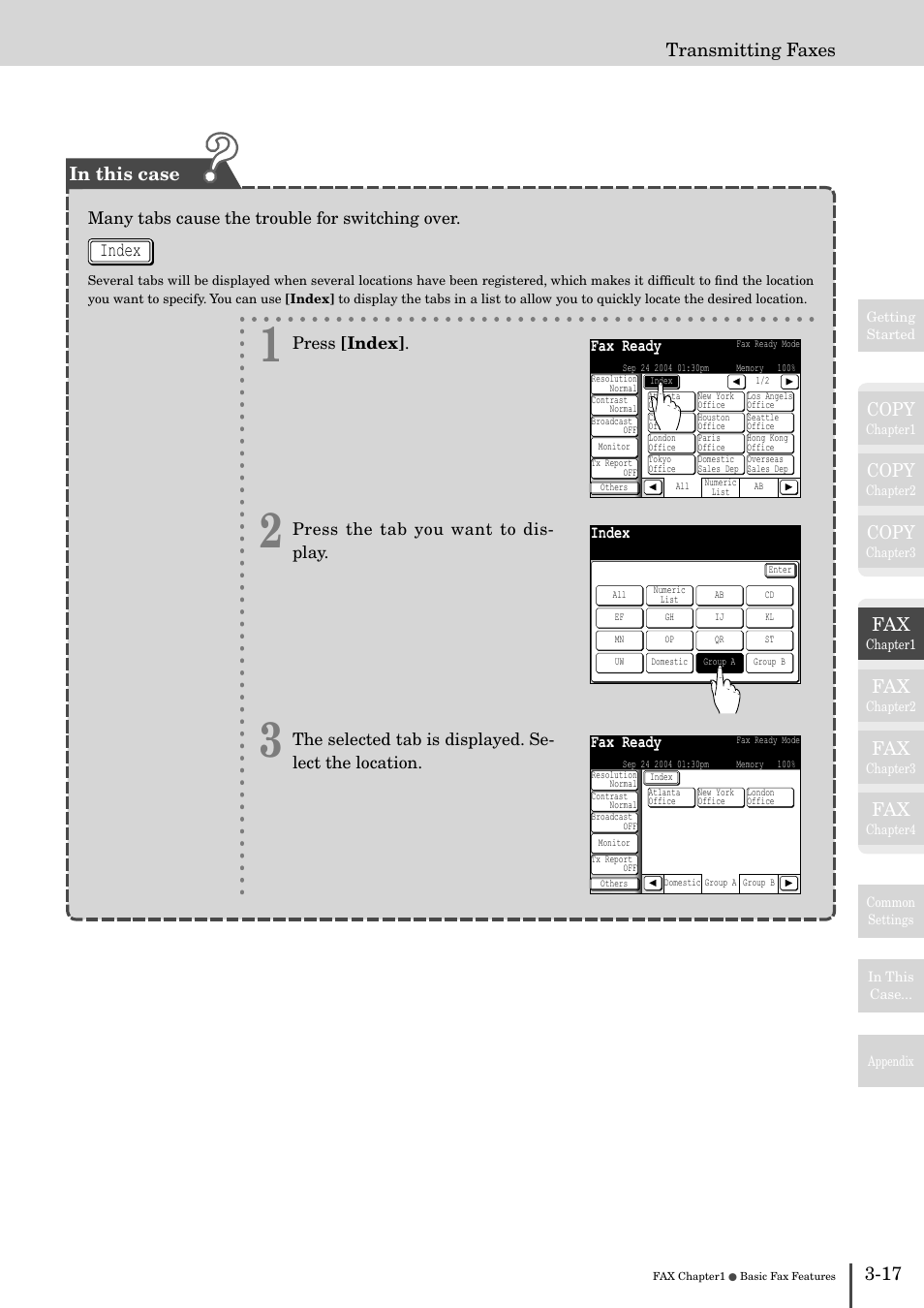 Index, Copy, 17 transmitting faxes | Many tabs cause the trouble for switching over, Fax ready, Press [index, Press the tab you want to dis- play | Muratec MFX-2830 User Manual | Page 195 / 471