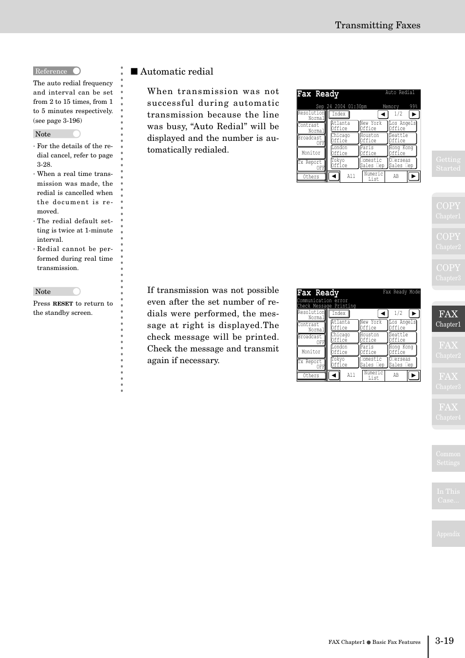 Fax ready, Copy, 19 transmitting faxes ■ automatic redial | Muratec MFX-2830 User Manual | Page 197 / 471