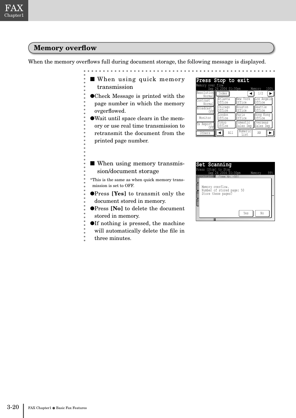Memory overﬂow -20, Press stop to exit, Set scanning | Muratec MFX-2830 User Manual | Page 198 / 471