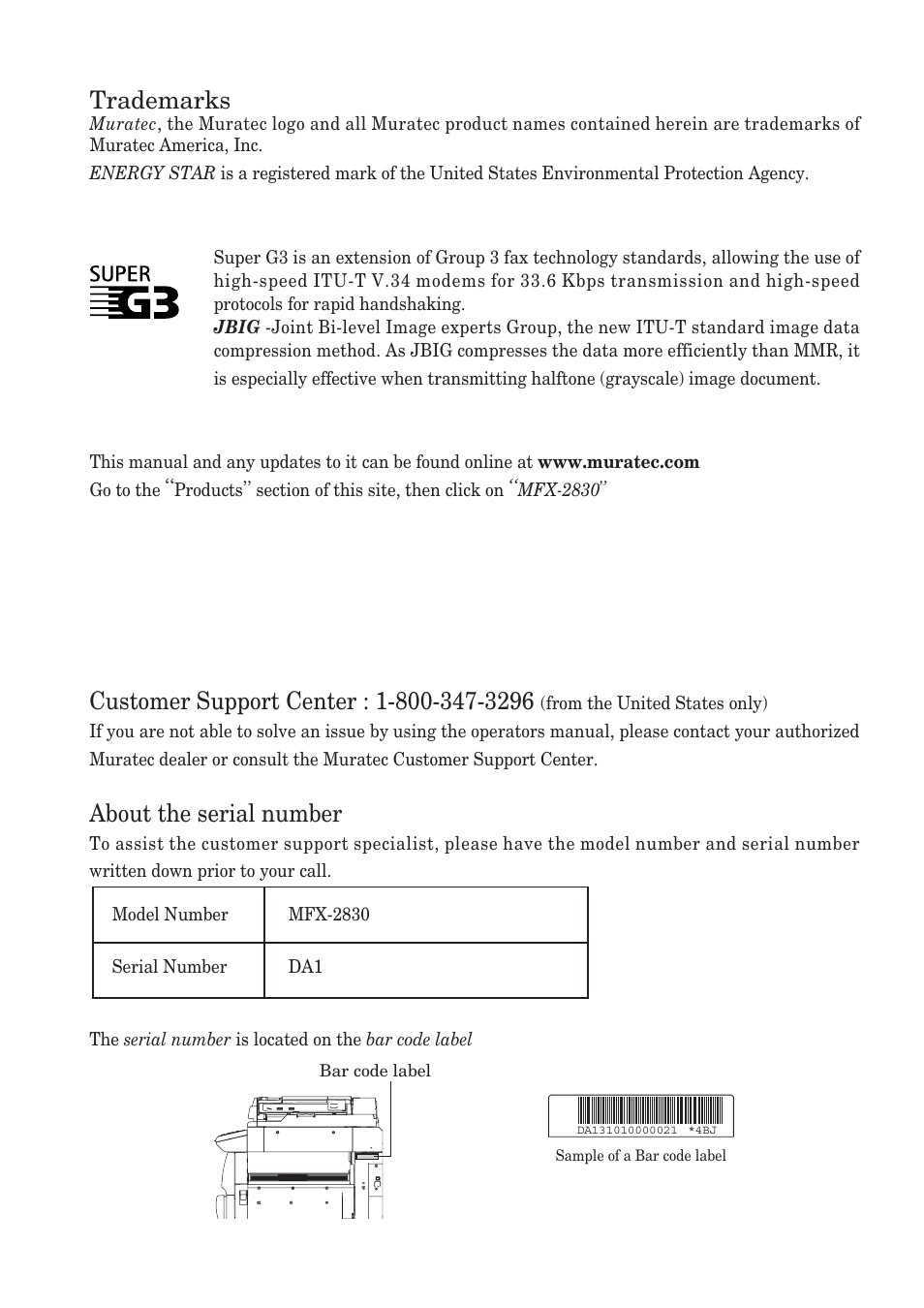 Trademarks, About the serial number | Muratec MFX-2830 User Manual | Page 2 / 471