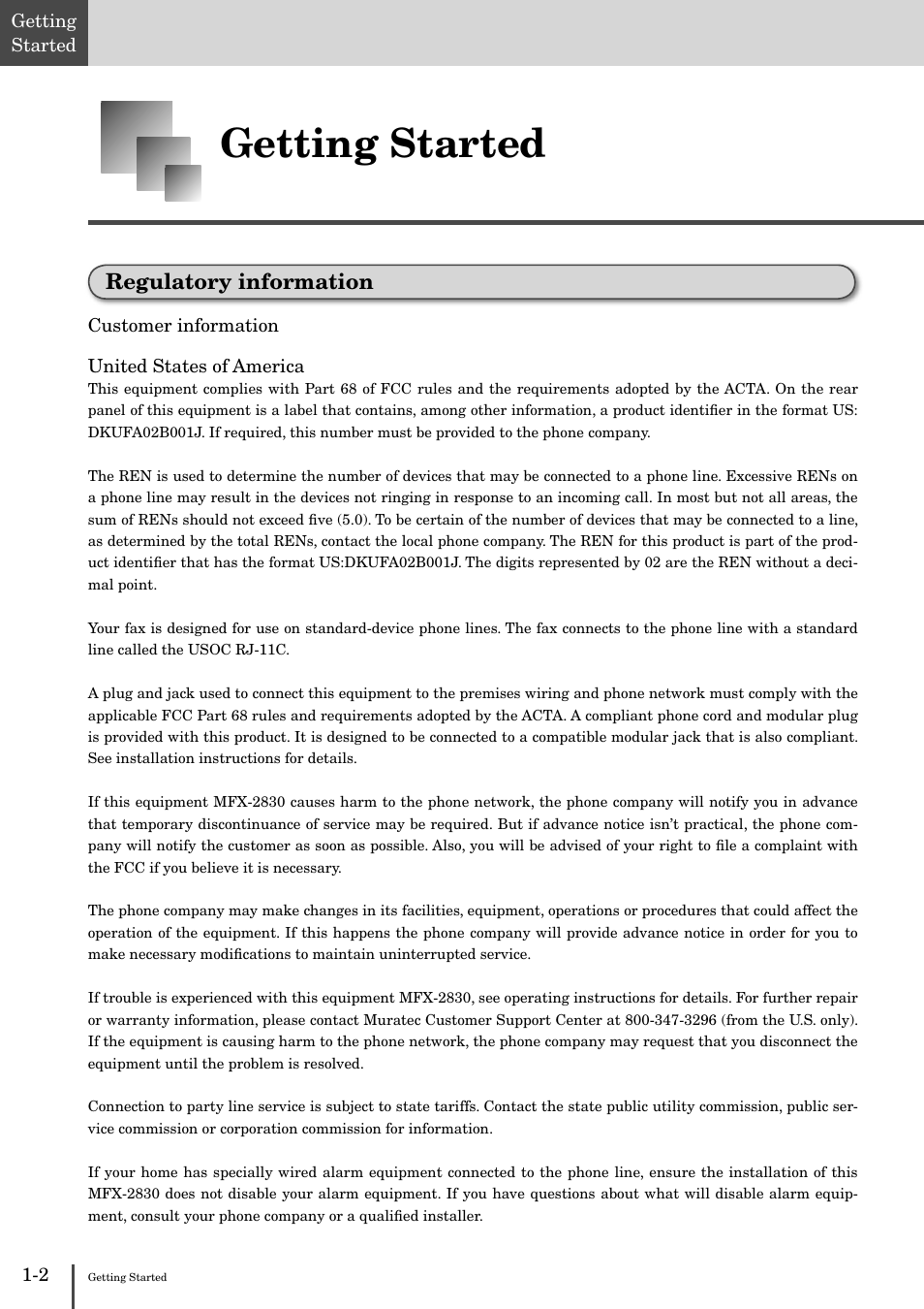 Getting started -2, Regulatory information -2, Getting started | Regulatory information | Muratec MFX-2830 User Manual | Page 20 / 471
