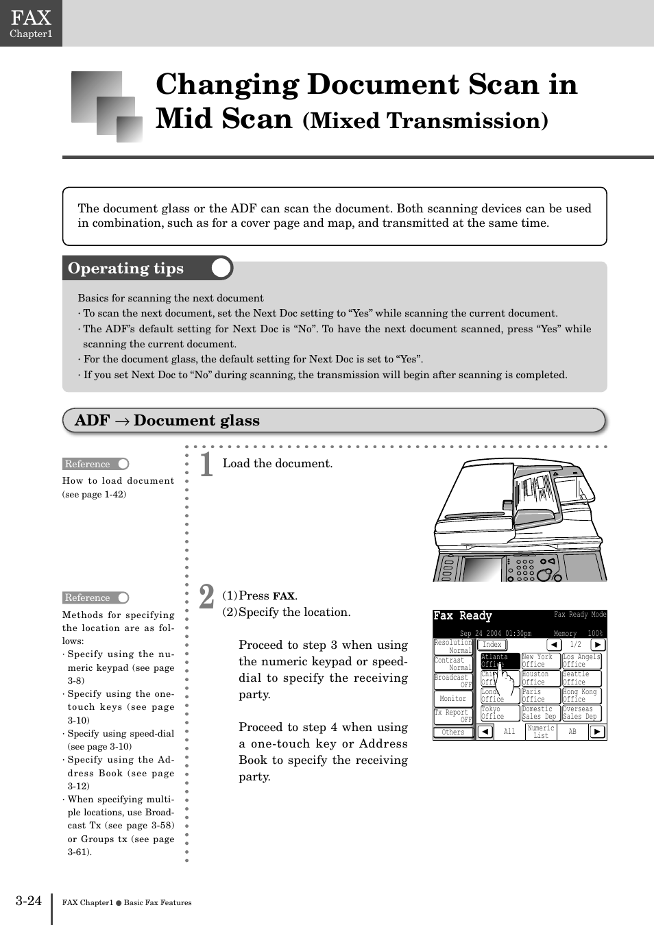 Document glass -24, Changing document scan in mid scan, Mixed transmission) | Operating tips adf → document glass, Fax ready | Muratec MFX-2830 User Manual | Page 202 / 471