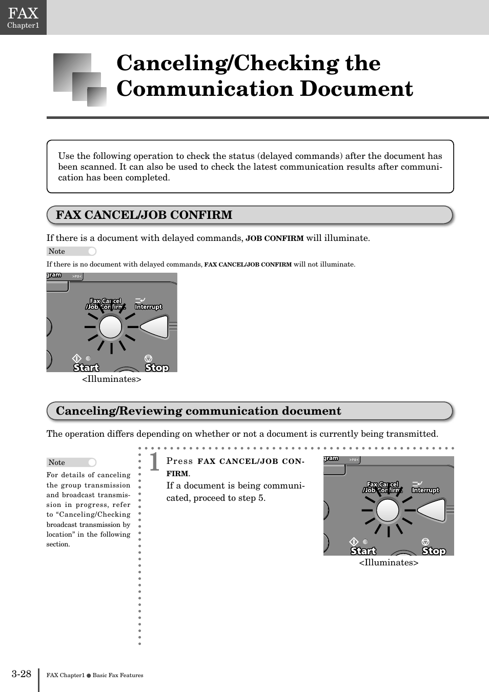 Canceling/checking the communication document -28, Fax cancel/job confirm, Canceling/reviewing communication document -28 | Canceling/checking the communication document | Muratec MFX-2830 User Manual | Page 206 / 471