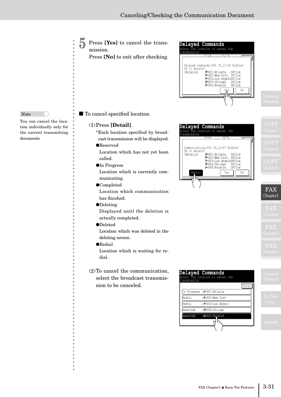 Delayed commands, Copy, Canceling/checking the communication document | Muratec MFX-2830 User Manual | Page 209 / 471