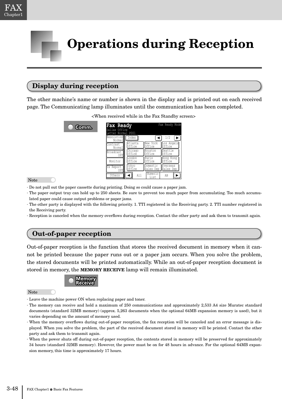 Operations during reception -4, Operations during reception, Display during reception | Out-of-paper reception, Fax ready | Muratec MFX-2830 User Manual | Page 226 / 471
