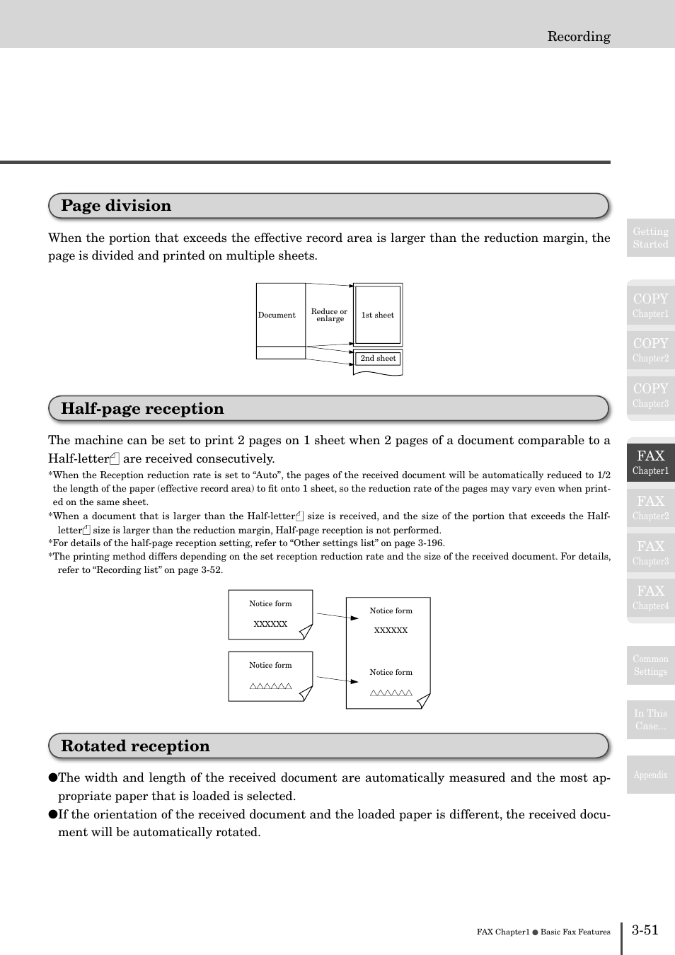 Rotated reception, Page division, Half-page reception | Copy, 51 recording | Muratec MFX-2830 User Manual | Page 229 / 471