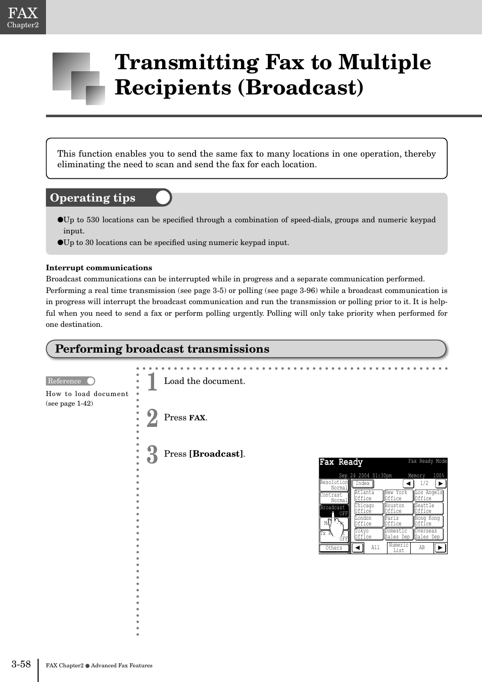 Performing broadcast transmissions -58, Operating tips, Performing broadcast transmissions | Fax ready | Muratec MFX-2830 User Manual | Page 236 / 471