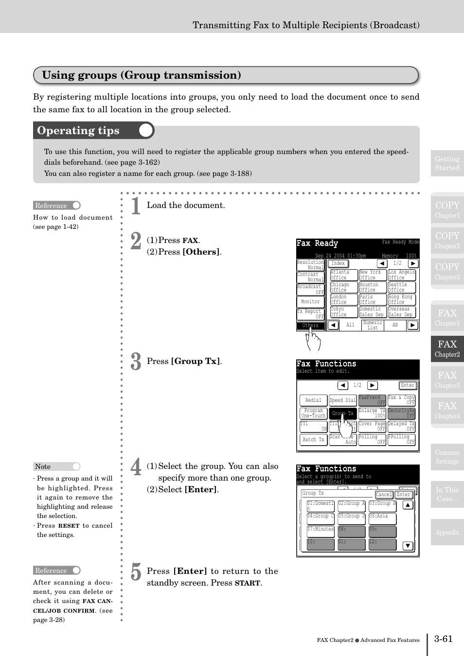 Using groups (group transmission), Operating tips, Fax ready | Fax functions, Copy | Muratec MFX-2830 User Manual | Page 239 / 471