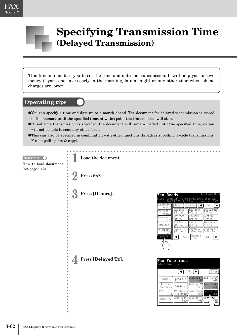 Specifying transmission time, Delayed transmission), Operating tips | Fax ready, Fax functions | Muratec MFX-2830 User Manual | Page 240 / 471