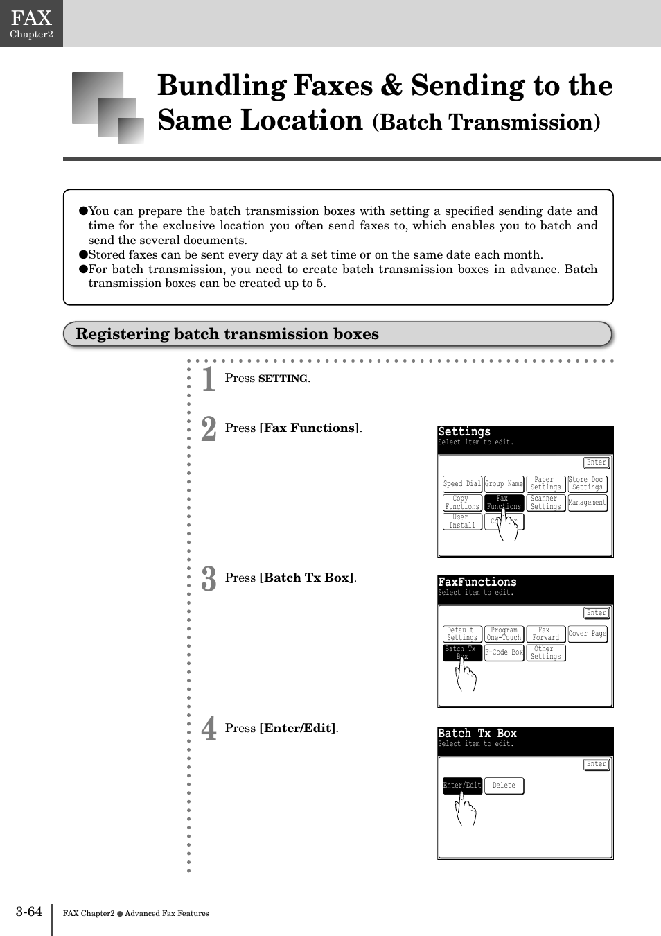 Registering batch transmission boxes -64, Bundling faxes & sending to the same location, Batch transmission) | Registering batch transmission boxes | Muratec MFX-2830 User Manual | Page 242 / 471